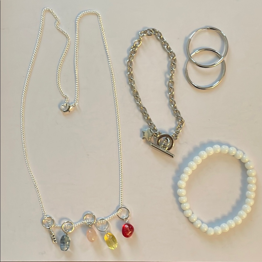 Silver tone Multi-Charm Necklace with Yellow, Pink Blue gemstone charms + more